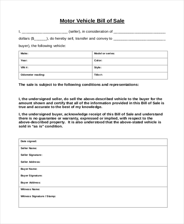 Free 10 Sample Vehicle Bill Of Sales Forms In Pdf Excel Ms Word