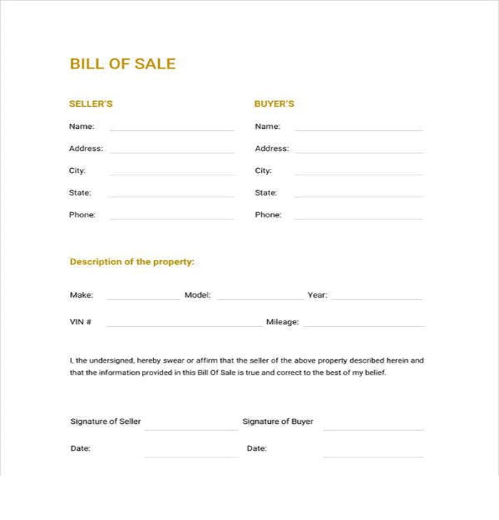 Simple Printable Bill Of Sale For Car Templategase